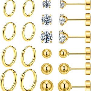 10-Pairs Small Hypoallergenic Surgical Steel Hoop and CZ Stud Earrings Set for S